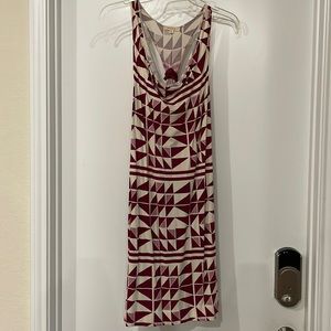 Midi Geometric ecoskin cowl neck dress in red and off white